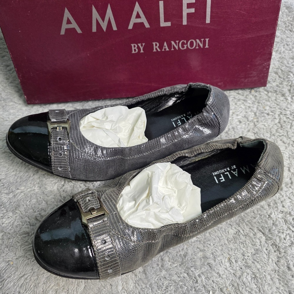 Amalfi by Rangoni Womens Black Gray Cap Toe‎ Italian Leather Ballet Flats 6M NEW